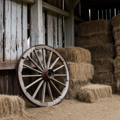 Old wagon wheel against hay bales