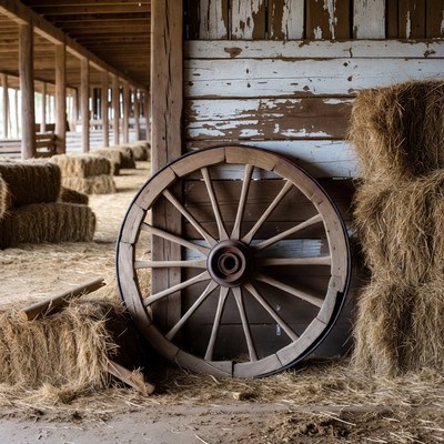 Wooden Wagon Wheel and Hay Bales