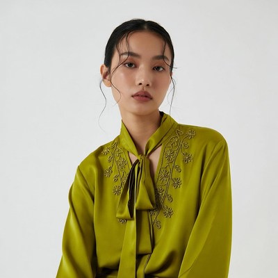 Asian woman in green embroidered blouse