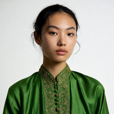 Asian woman in green embroidered dress