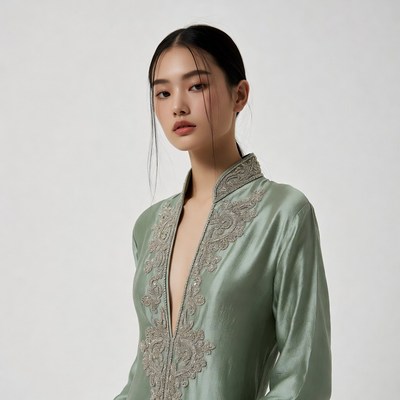 Asian woman in green embroidered dress