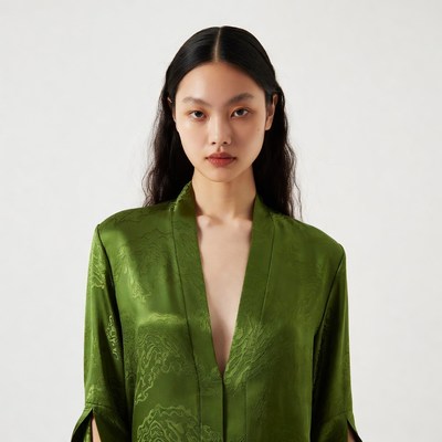 Asian woman in green satin jacket