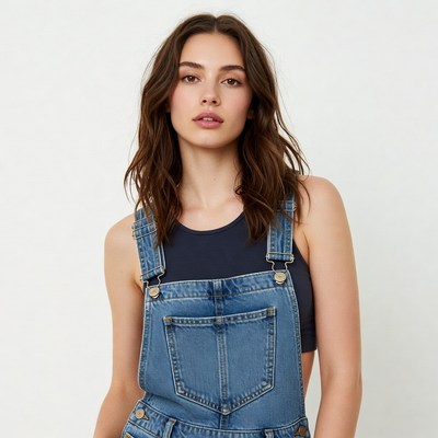 Woman in blue denim overalls