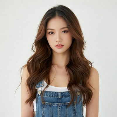 Asian woman in denim overalls