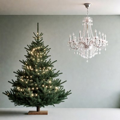 Lit Christmas Tree Under Chandelier