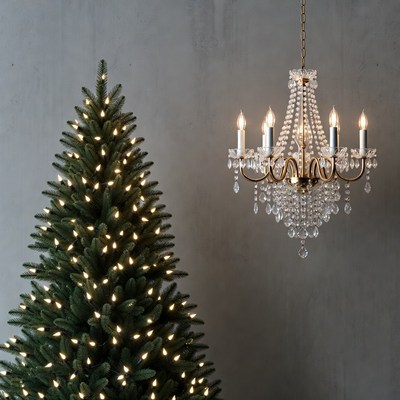 Lit Christmas Tree and Crystal Chandelier
