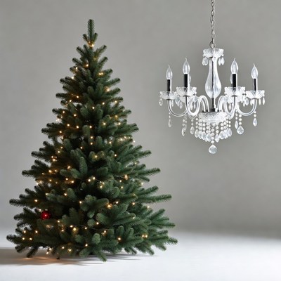 Lit Christmas Tree Under Chandelier