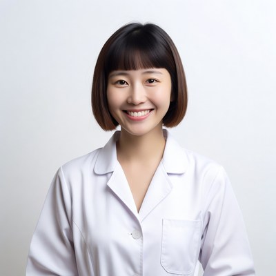 Asian woman in white lab coat