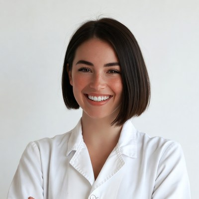 Smiling woman in white lab coat