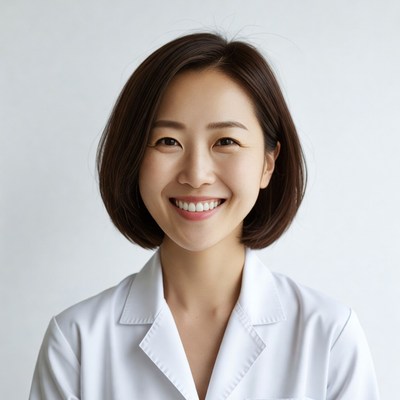 Smiling Asian woman in white coat
