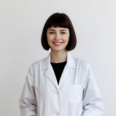 Smiling woman in white lab coat