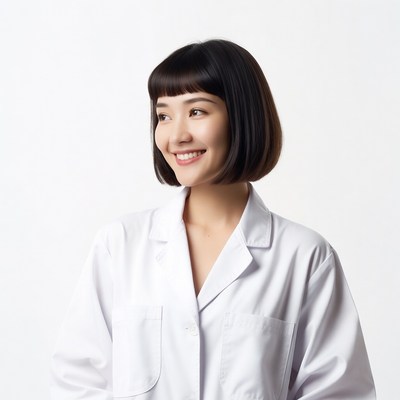 Asian woman smiling in white lab coat