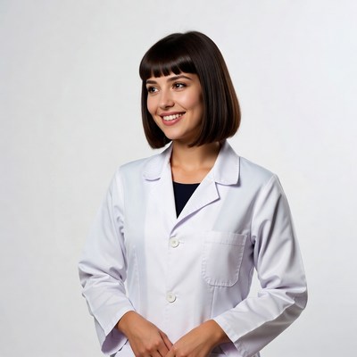 Smiling woman in white lab coat