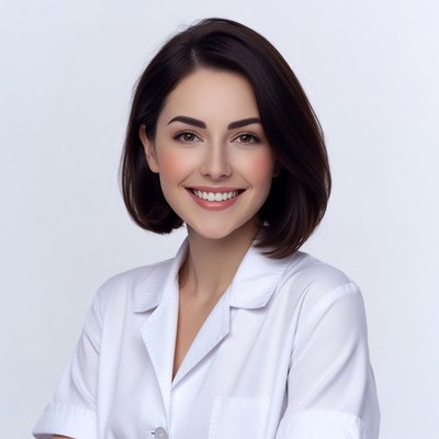 Smiling woman in white lab coat