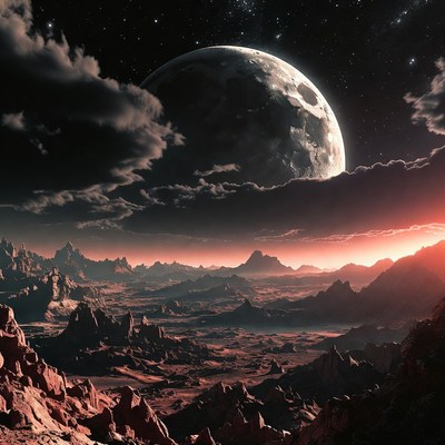 Massive Moon Over Alien Landscape