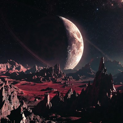 Crescent Moon Over Red Alien Planet