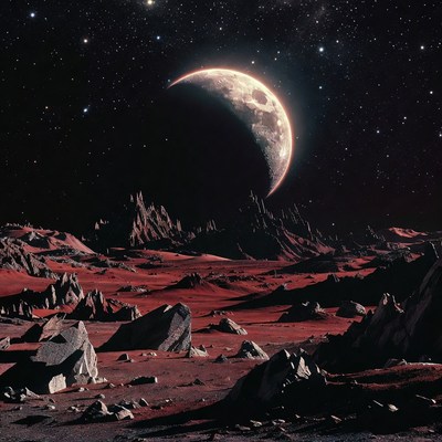 Crescent Moon over Red Alien Landscape