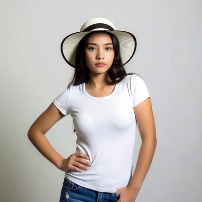 Asian girl in straw hat and white t-shirt