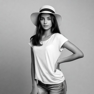 Woman in straw hat and jeans