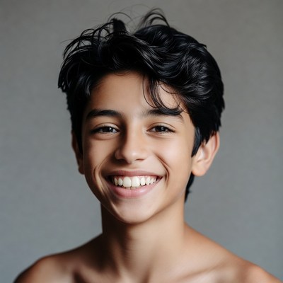 Smiling young boy with curly black hair