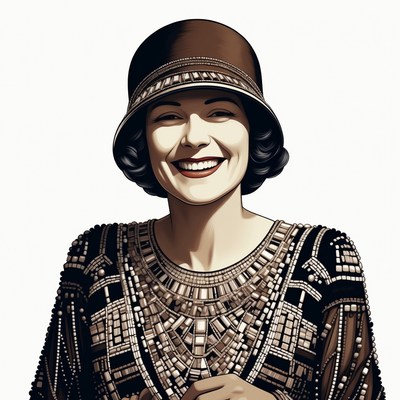 Smiling 1920s flapper woman in cloche hat