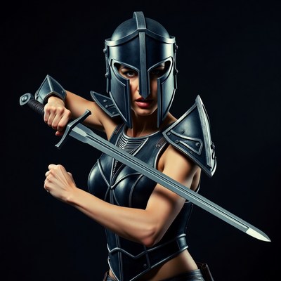 Female warrior in helmet holding sword