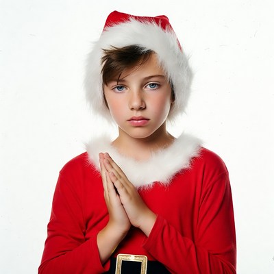 Boy praying in Santa costume