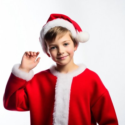 Boy waving in Santa costume