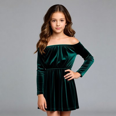 Girl in green velvet off-shoulder dress