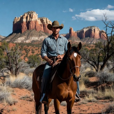 Cowboy riding horse in red rock desert