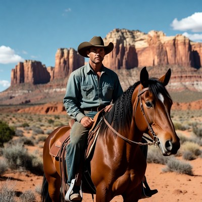 Cowboy riding horse in red rock desert