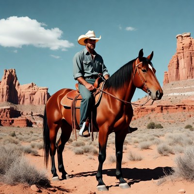 Cowboy riding horse in desert