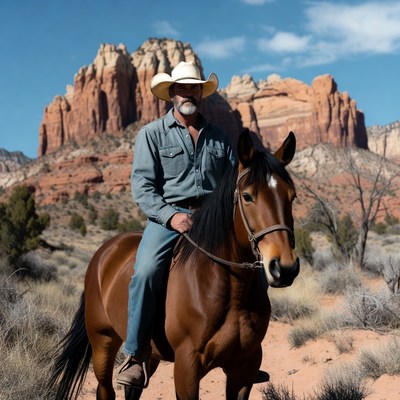 Cowboy riding horse in red rock desert