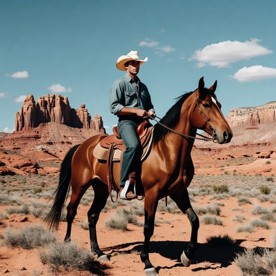 Cowboy riding horse in desert