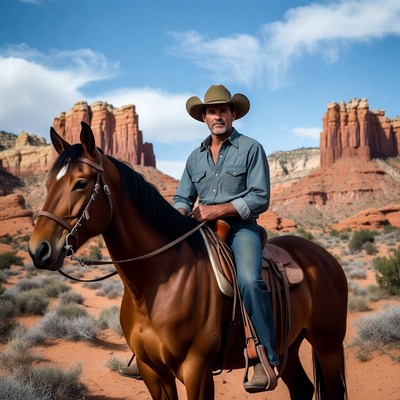 Cowboy riding horse in red rock desert