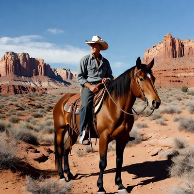 Cowboy riding horse in red rock desert