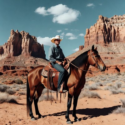 Cowboy riding horse in desert