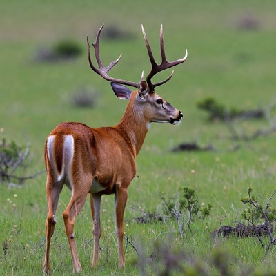 Buck with large antlers in green field
