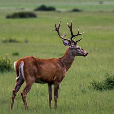 Red deer standing in green field