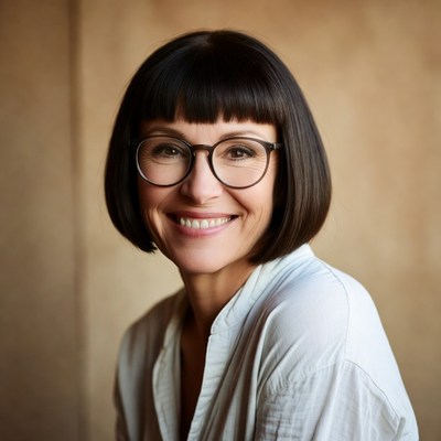 Smiling woman with bangs and glasses