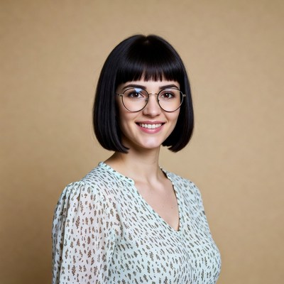Woman with bangs smiling in glasses