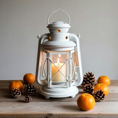 White Lantern with Candle and Oranges
