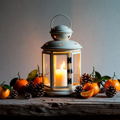 White Lantern with Candle and Oranges