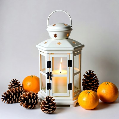 White Lantern with Candle and Oranges