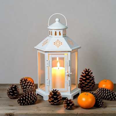 White Lantern with Candle and Pinecones