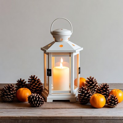 White Lantern Candle with Pine Cones Oranges