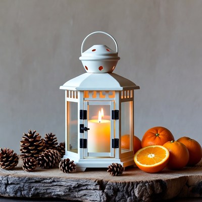 White Lantern with Candle and Oranges