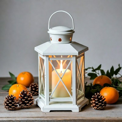 White Lantern with Candle Oranges Pinecones