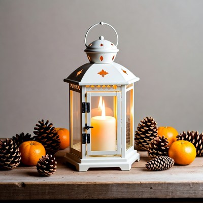 White Lantern with Candle and Pine Cones