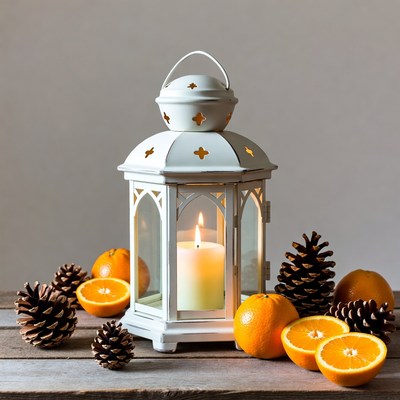 White Lantern Candle with Oranges and Pinecones